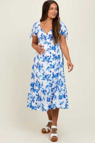 PinkBlush Blue Floral Puff Sleeve Tie Maternity Midi Dress