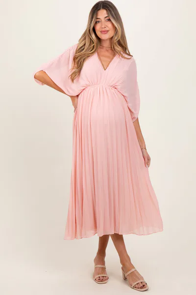 PinkBlush Light Pink Pleated V Neck Maternity Maxi Dress
