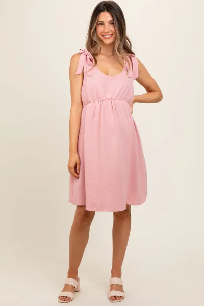 PinkBlush Pink Solid Tie-Shoulder Scoop Neck Maternity Dress