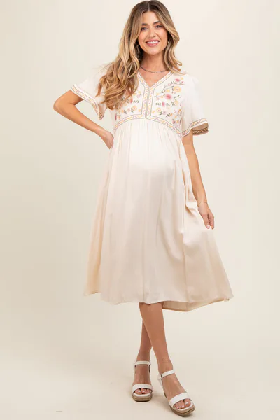 PinkBlush Cream Short Sleeve V-Neck Maternity Midi Dress