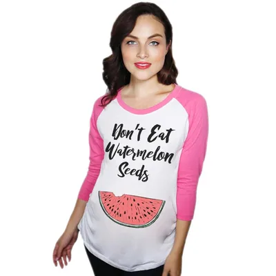 Target Maternity Raglan Don’t Eat Watermelon Seeds Funny Pregnancy Baseball Tee - Crazy Dog Maternity Raglan with Fun Design Pink L