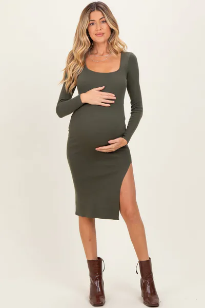 PinkBlush Olive Knit Square Neck Slit Maternity Midi Dress