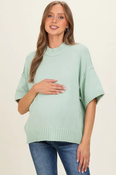PinkBlush Mint Oversized Mock Neck Short Sleeve Maternity Sweater