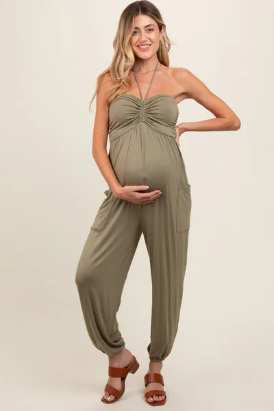 PinkBlush Light Olive Halter Cinched Maternity Jumpsuit