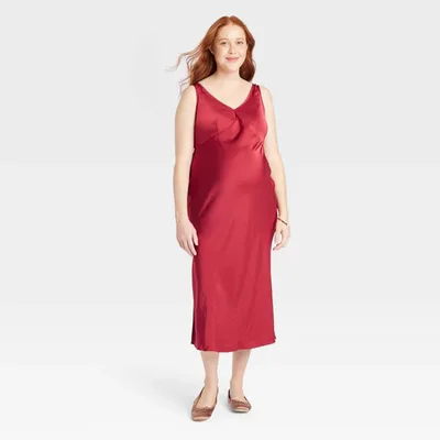 Target Sleeveless Slip Maternity Midi Dress - Isabel Maternity by Ingrid & Isabel™ Red M: Satin V Neck Pullover with Side Slit