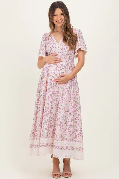 PinkBlush Lavender Floral Lace Trim Flutter Sleeve Maternity Maxi Dress