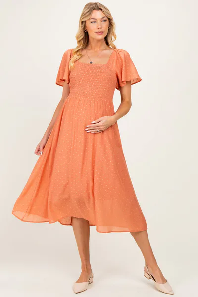 PinkBlush Salmon Polka Dot Smocked Maternity Midi Dress