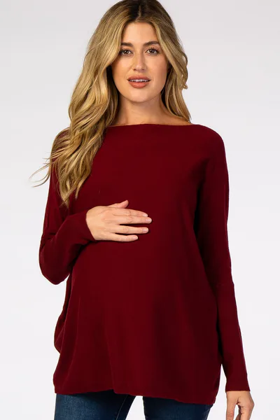 PinkBlush Burgundy Soft Knit Boatneck Dolman Sleeve Maternity Sweater
