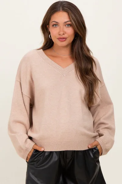PinkBlush Beige V-Neck Drop Shoulder Maternity Sweater