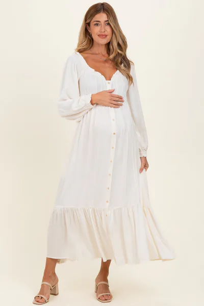 PinkBlush White Off Shoulder Button Accent Maternity Maxi Dress