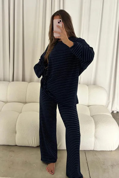 Worth Collective Campbell Thin Striped Fleece Lounge Pants in Navy