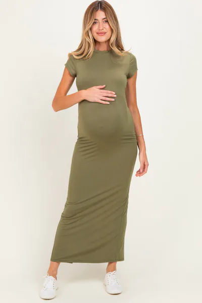 PinkBlush Olive Fitted Short Sleeve Maternity Maxi Dress