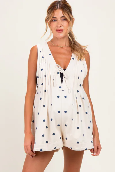 PinkBlush Cream Polka Dot Pleated V-Neck Maternity Romper
