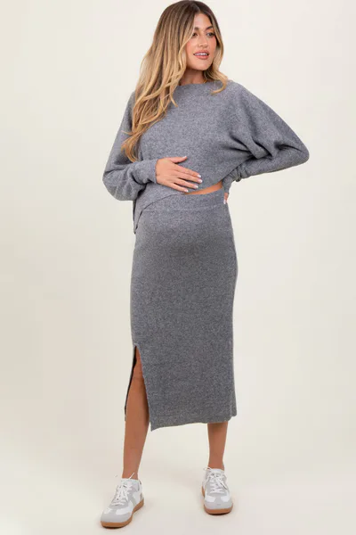 PinkBlush Heather Grey Ribbed Knit Asymmetric Top Midi Skirt Maternity Set