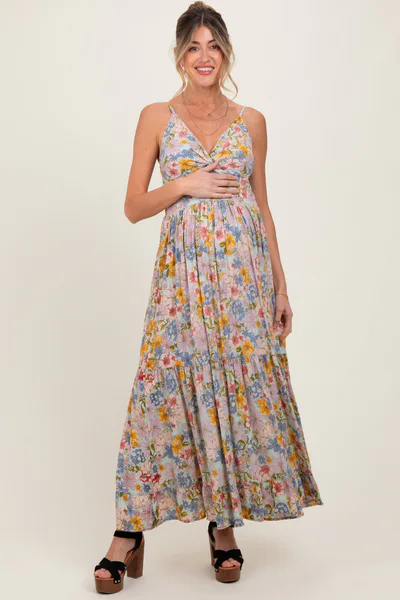 PinkBlush Mint Green Floral Twist Front Cutout Maternity Maxi Dress