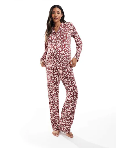 ASOS Loungeable Maternity super soft jersey revere pajama set with piping detail in red leopard print