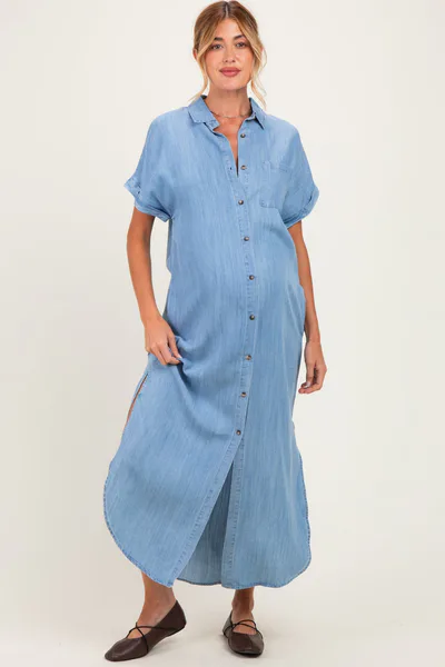 PinkBlush Light Blue Chambray Button Down Maternity Shirt Dress