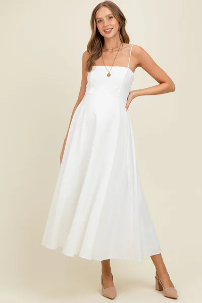 PinkBlush White Linen A-Line Flared Maternity Midi Dress