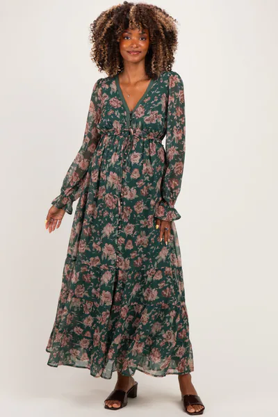 PinkBlush Eucalyptus Floral Chiffon Button Down Maternity Maxi Dress