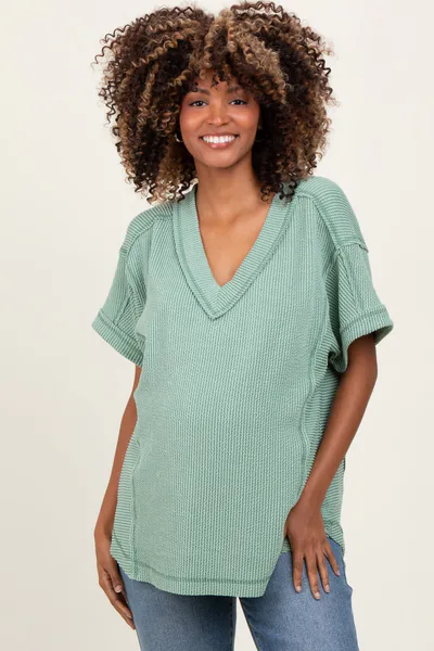 PinkBlush Light Olive Ribbed Raw Hem Maternity Short Sleeve Top
