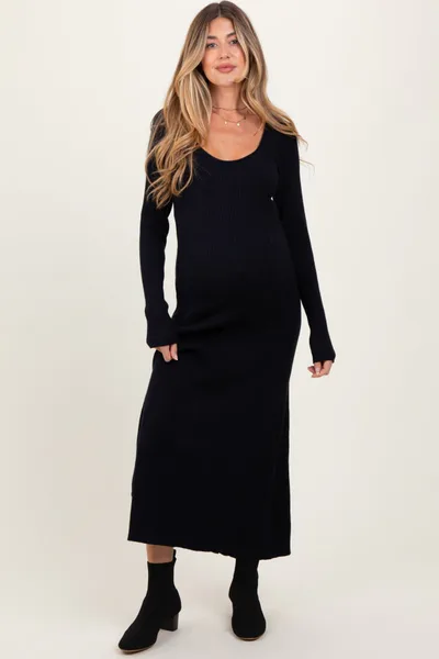 PinkBlush Black Ribbed Knit Maternity Maxi Sweater Dress