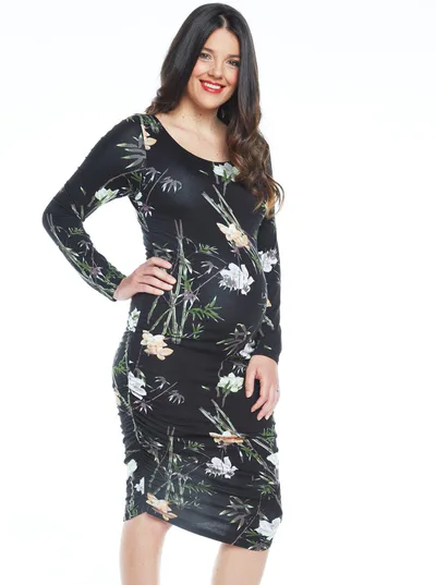 Angel Maternity Maternity Bodycon Long Sleeve Print Dress - Black Floral