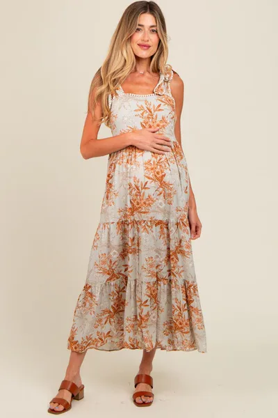 PinkBlush Rust Crochet Trim Floral Maternity Maxi Dress