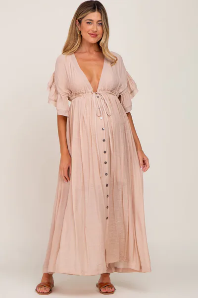 PinkBlush Light Pink Deep V-Neck Button Down Maternity Maxi Dress