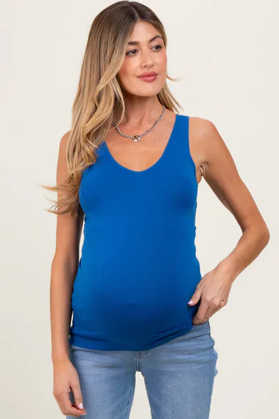 PinkBlush Blue Sleeveless Fitted Maternity Tank Top