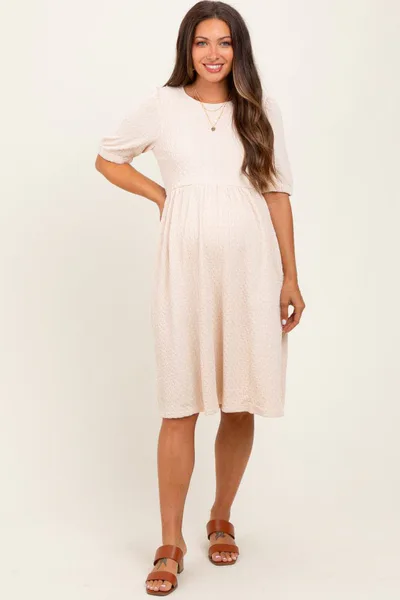 PinkBlush Ivory Textured Knit Puff Sleeve Maternity Midi Dress