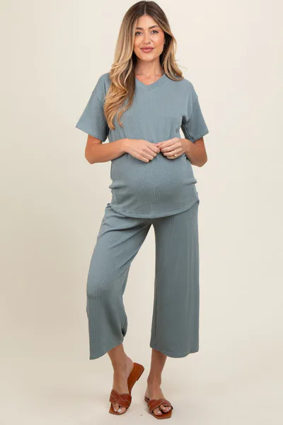 PinkBlush Dark Teal Ribbed Short Sleeve Top Maternity Pajama Set