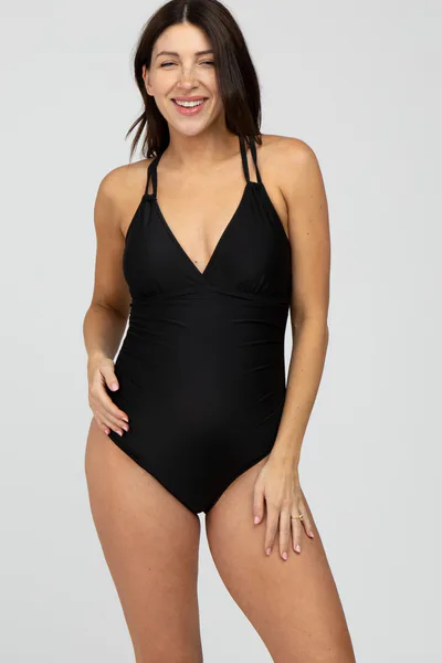 PinkBlush Black Ruched Side Strappy Cross Back Maternity One Piece Swimsuit