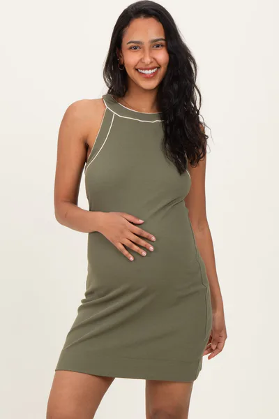 PinkBlush Olive Ribbed Sleeveless Maternity Mini Dress