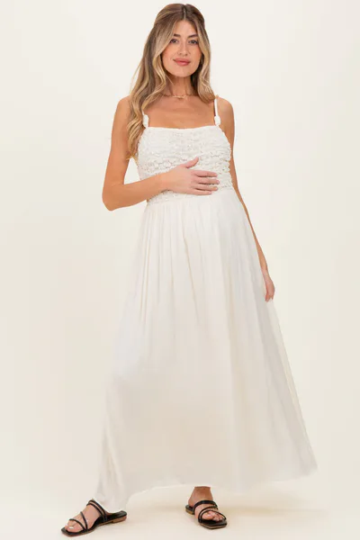 PinkBlush Ivory Textured Smocked Maternity Maxi Dress