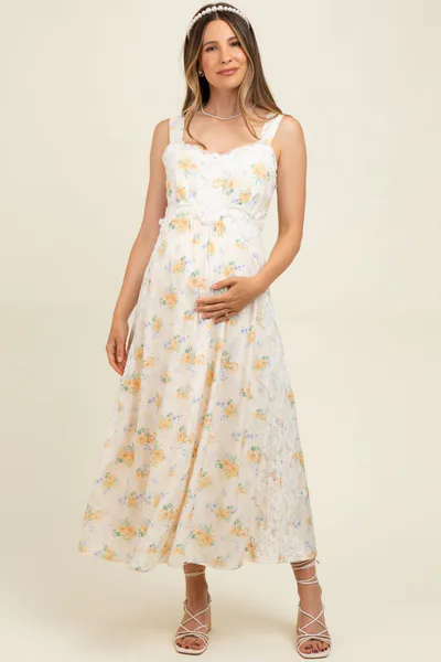 PinkBlush Yellow Floral Lace Overlay Maternity Maxi Dress