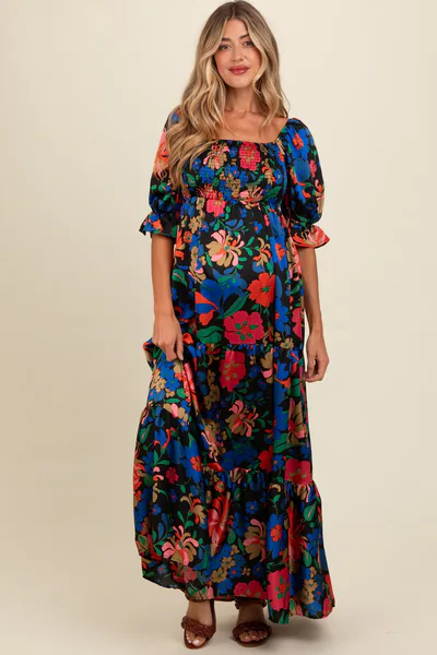 PinkBlush Black Floral Satin Smocked Tiered Maternity Maxi Dress