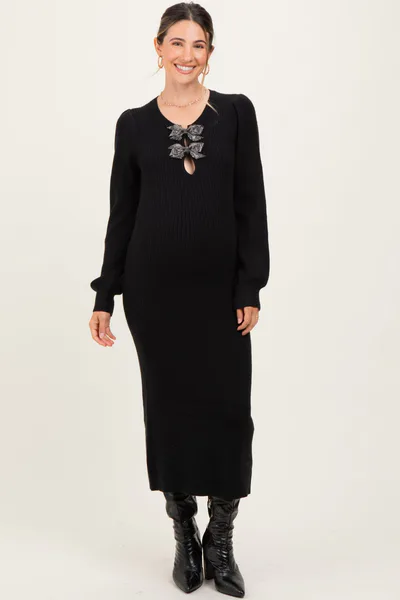 PinkBlush Black Ribbed Bow Detail Maternity Midi Sweater Dress