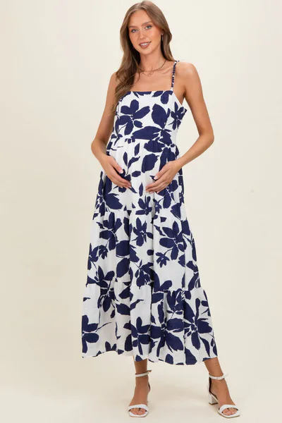 PinkBlush Navy Blue Floral Tiered Maternity Midi Dress