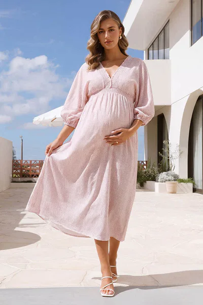 Summer Mae Summer Mae Floral Rayon Maternity Dress | V-Neck Flutter Sleeve Bump Friendly Boho Babymoon Midi