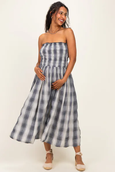 PinkBlush Black Plaid Smocked Strapless Maternity Midi Dress