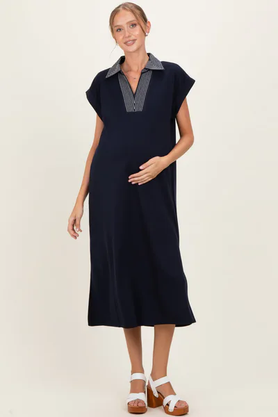 PinkBlush Navy Striped Collared Side Slit Maternity Midi Dress