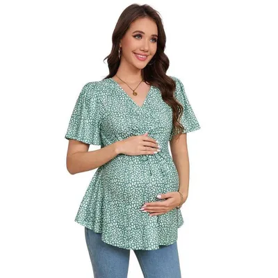 Target Coolmee Women's Short Sleeve V Neck Tops Blouses Ruffle Hem Tie Front Crop Summer Tops Green Flower M