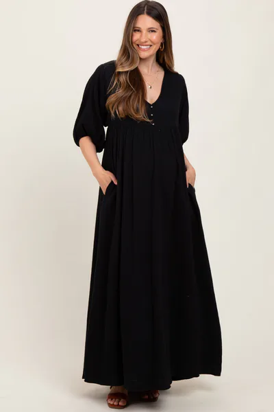 PinkBlush Black Solid Woven Elbow Sleeve V-Neck Button Down Maternity Maxi Dress