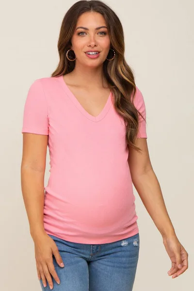 PinkBlush Pink Ribbed V-Neck Maternity Top