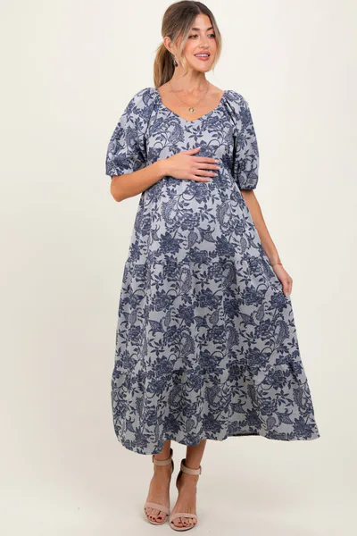 PinkBlush Navy Floral Tiered Puff Sleeve Maternity Midi Dress