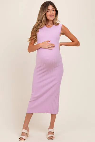 PinkBlush Light Pink Scalloped Ribbed Knit Sleeveless Maternity Midi Dress