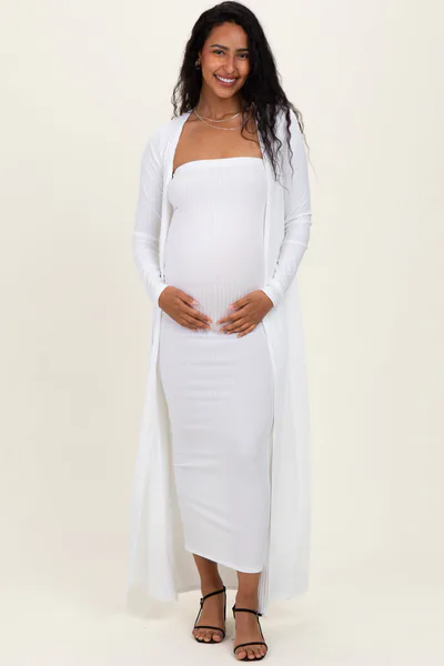 PinkBlush Ivory Ribbed Sleeveless Dress Cardigan Maternity Set