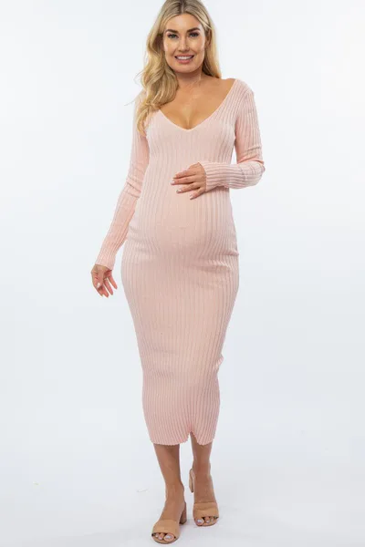 PinkBlush Pink V-Neck Long Sleeve Fitted Maternity Maxi Dress