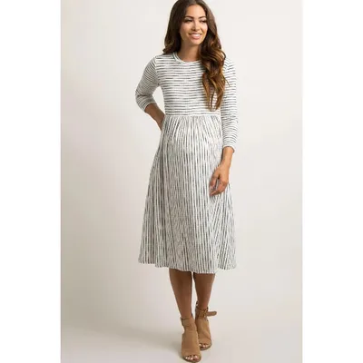 Target PinkBlush Ivory Ribbed Striped Maternity Midi Dress Ivory  Large
