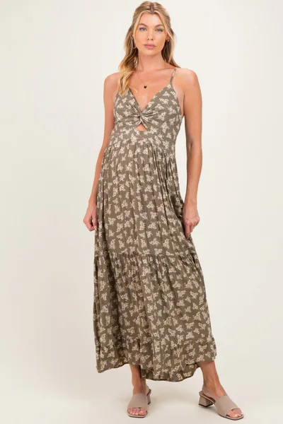 PinkBlush Olive Floral Twist Front Keyhole Maternity Maxi Dress